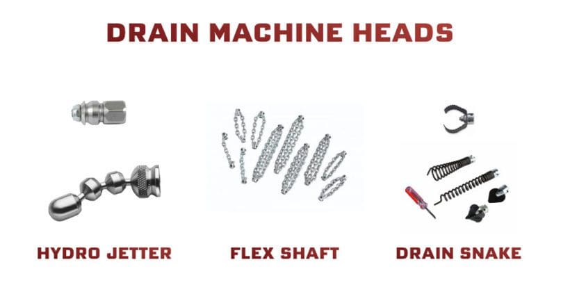 Picture of different drain machine head attachments