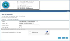 Screenshot of TSBPE License Lookup Portal